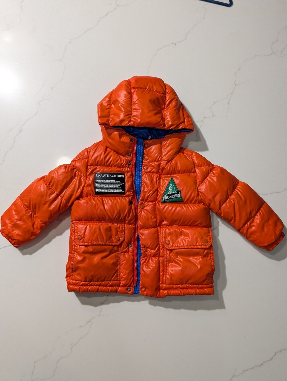 Kids Orange Moncler Patchwork Down Parka Size 4 Removable Hood